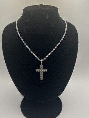 Dainty Real Silver Rope Chain Cross Pendant Plated Stainless Steel 4mm 20in